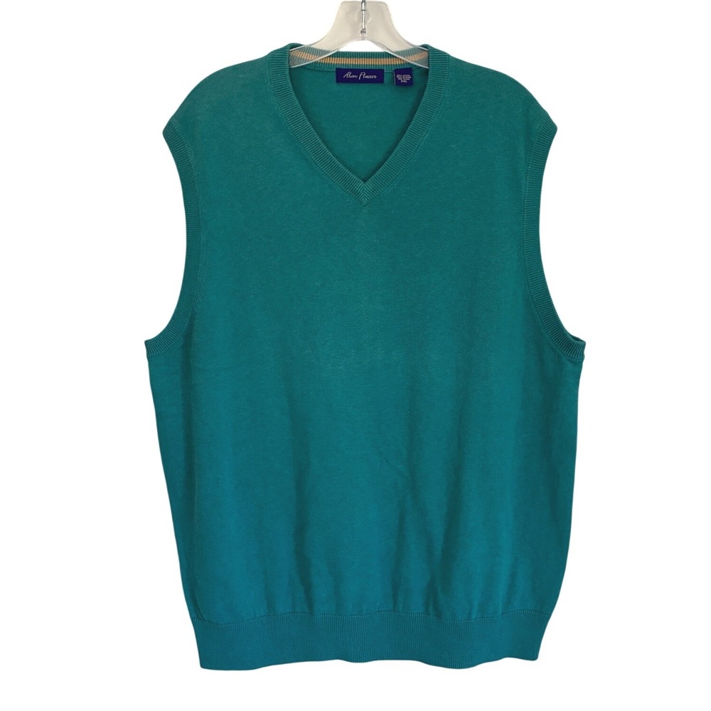 Alan Flusser Mens XXL Teal Green V Neck Sweater Vest 100% Cotton Golf
